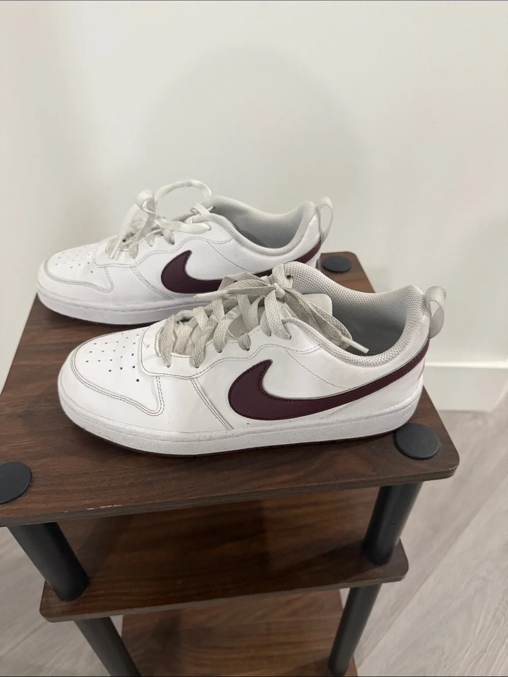 Nike Kids White Sneakers with Maroon Swoosh